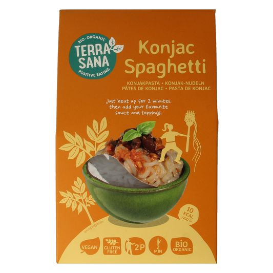Organic TerraSana konjac spaghetti rice pasta in a clear bowl, showcasing the thin, translucent noodles on a white background.