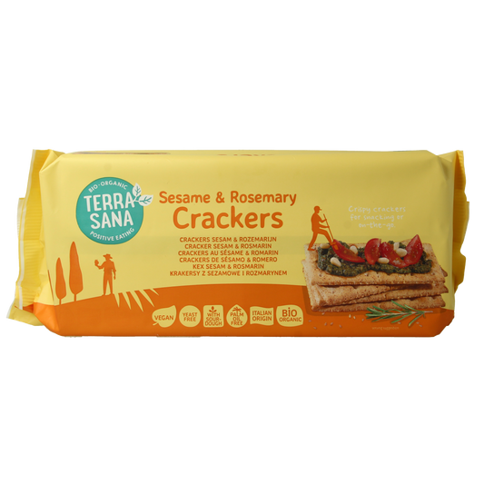 TerraSana organic sesame and rosemary crackers on a wooden surface, 250g, showing crispy texture and seed topping.
