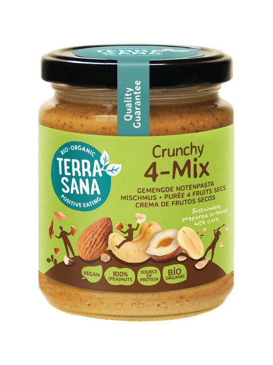 TerraSana 4-Mix crunchy organic nut spread on whole grain bread slice, close-up of textured, golden-brown topping on bread.