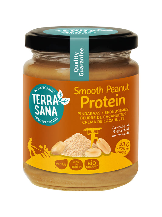 Creamy TerraSana organic peanut butter spread on bread, 250g jar, natural broodbeleg with rich peanut flavor.