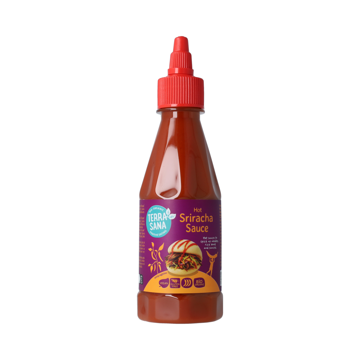 TerraSana Sriracha sauce 250g bottle, spicy condiment in a clear glass container with red cap, labeled with TerraSana branding.