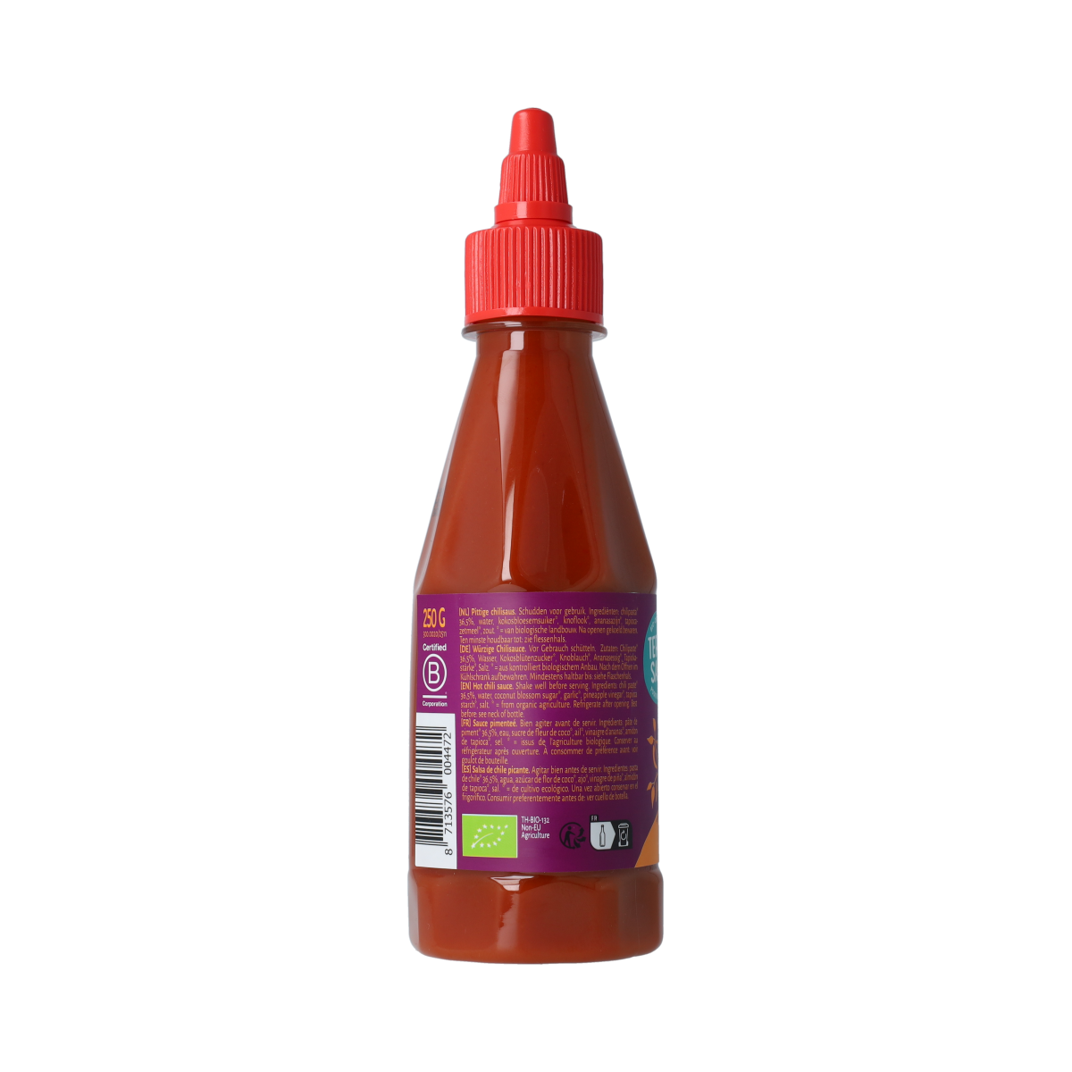 TerraSana Sriracha saus in 250g bottle, spicy sauce for flavoring and cooking, with red chili peppers visible in the image.