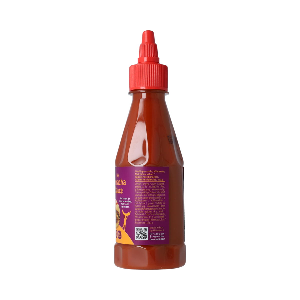 TerraSana Sriracha saus in 250g bottle, spicy sauce in a glass container with red hue and label, for use as a flavorful condiment.