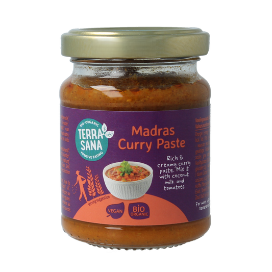 TerraSana Indiase Madras curry pasta in 130g jar, herbal spice blend for flavorful Indian dishes, from kruiden en maaltijdmixen category.