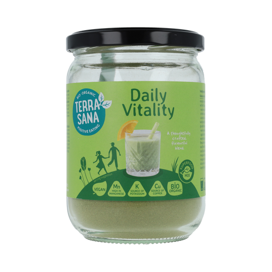 TerraSana Superfoodmix Daily Vitality bio, raw superfood blend in a 170g package, featuring colorful organic superfoods.