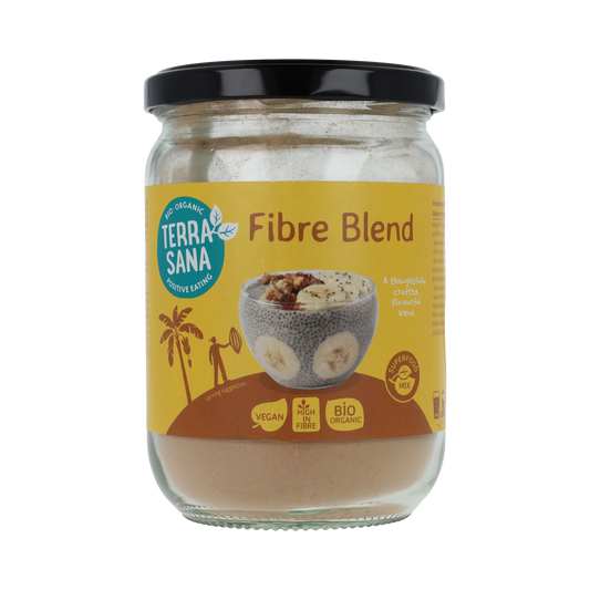 TerraSana Superfoodmix Fibre Blend bio, raw organic supplement in a 210g package, featuring a colorful mix of superfoods and seeds.