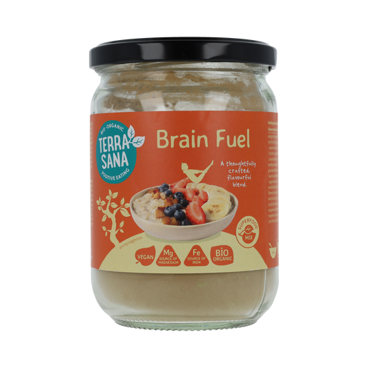 Terrasna Superfoodmix Brain Fuel, raw superfoods blend in a 200g package, featuring nuts, seeds, and dried fruits for mental boost.