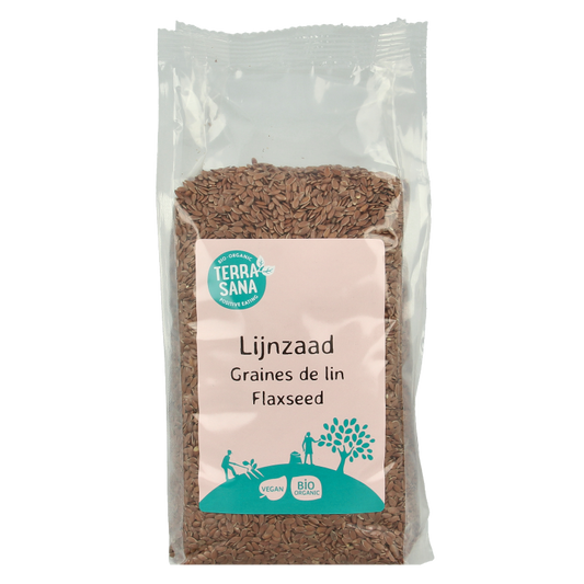 Organic TerraSana RAW lijnzaad heel in 500g package, whole flax seeds for superfood and healthy recipes.