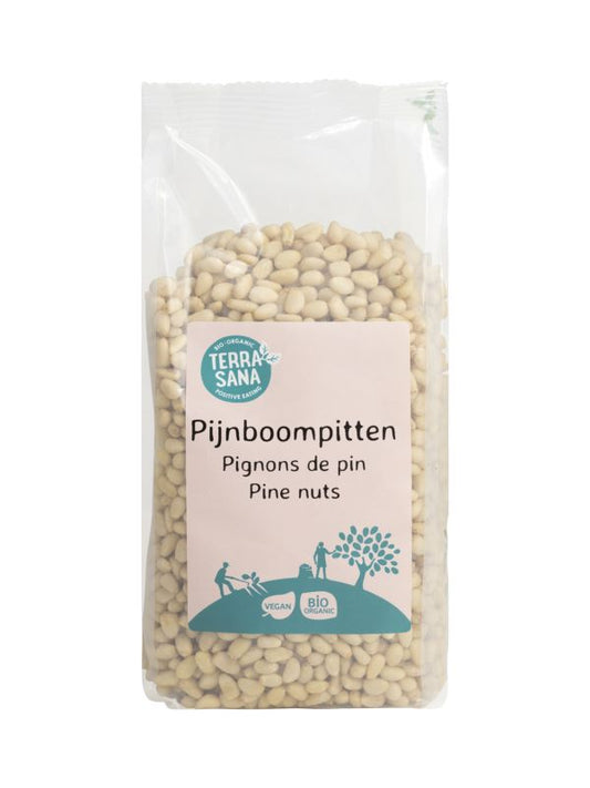 Raw organic pine nuts from TerraSana in a 450g package, shown in a natural setting suitable for superfoods and healthy eating.