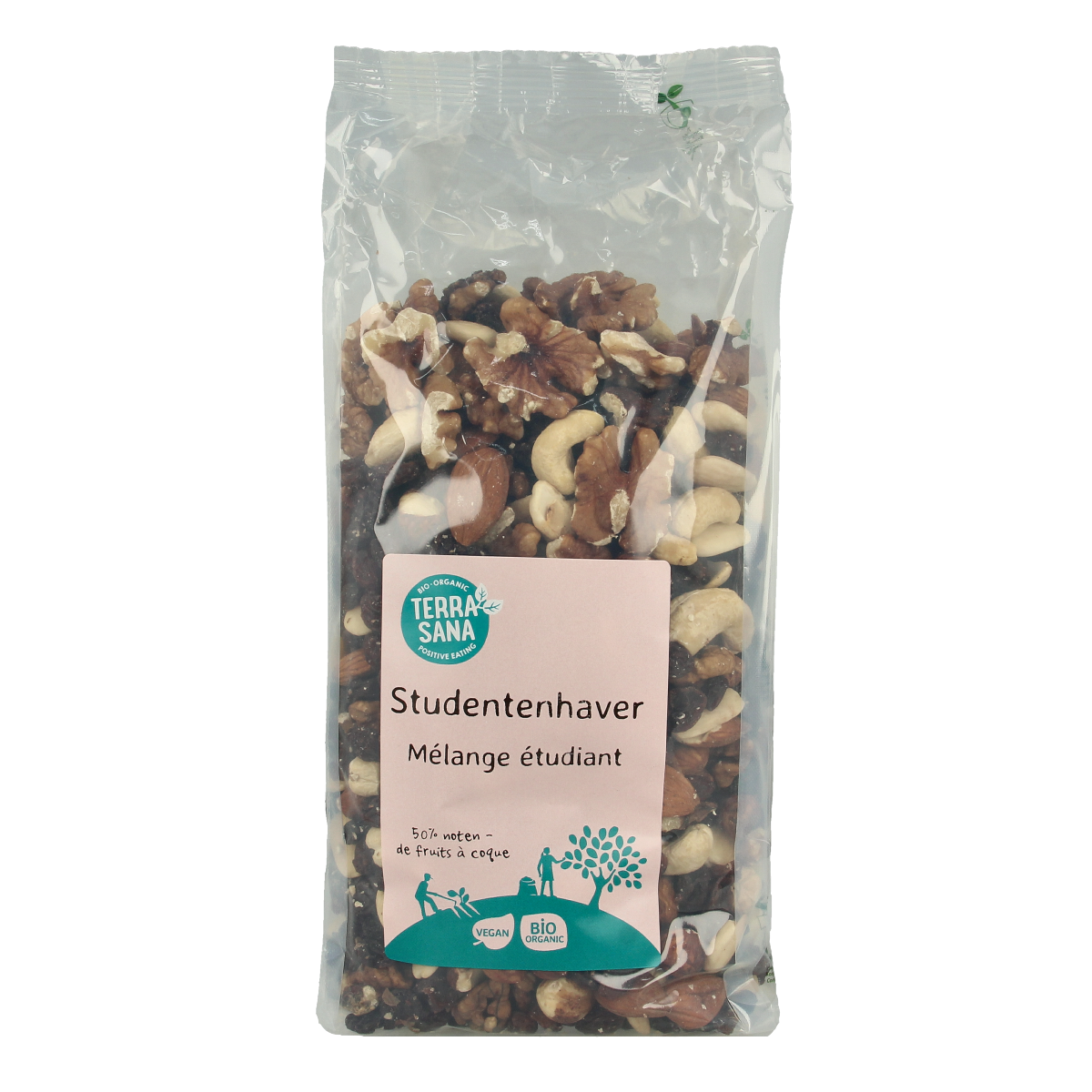 TerraSana bio studentenhaver chips and zoutjes in a 750g bag, organic snack with nuts and salted treats.