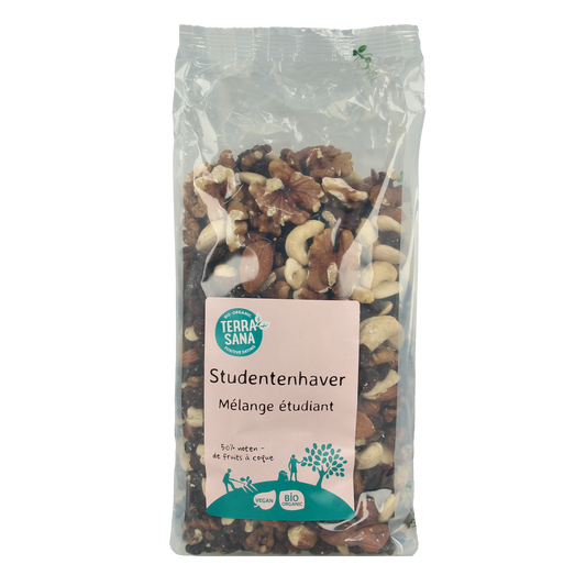 TerraSana bio studentenhaver chips en zoutjes package, 750g, with image of salted nut snack and product label