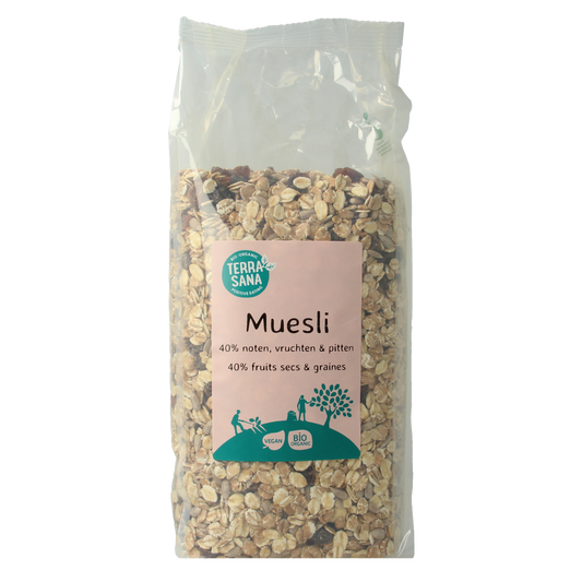 TerraSana bio muesli with nuts and dried fruits in a 750g package, showing the mixture of grains, nuts, and dried fruits.
