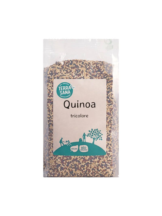 Raw TerraSana Super Quinoa Tricolore bio in 500g package, showing colorful uncooked quinoa grains from the superfoods product.