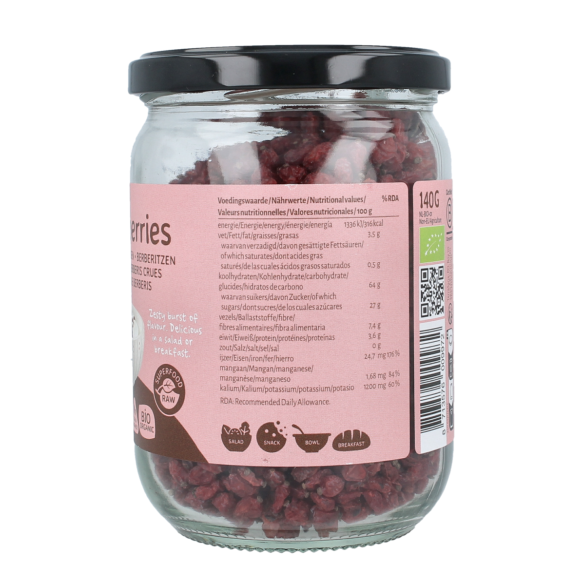 TerraSana organic raw berberis berries in a 140g package, shown in a close-up image, highlighting the vibrant red berries.