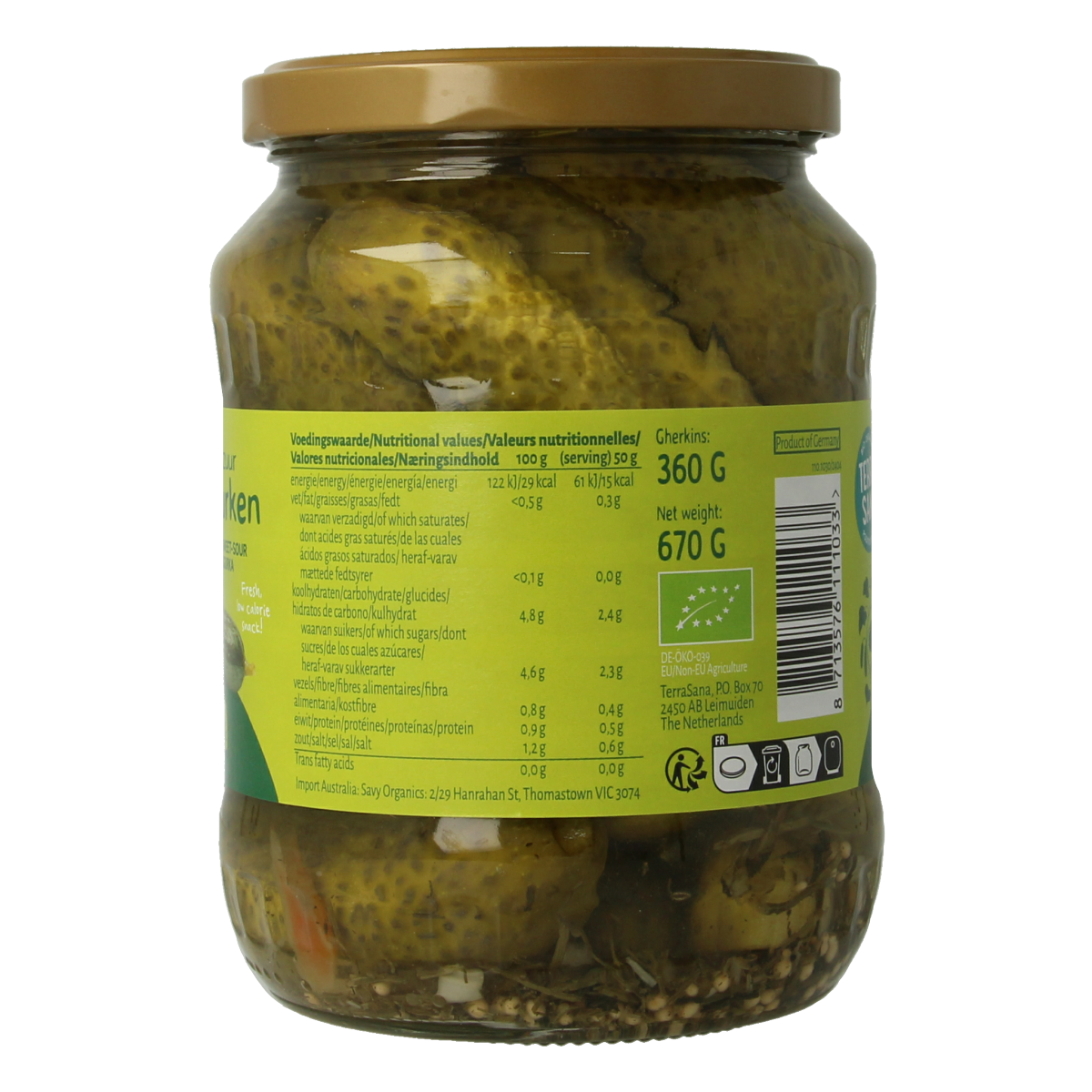 TerraSana organic sweet and sour pickles in a 670g jar, showcasing the colorful, fermented vegetables with a label.