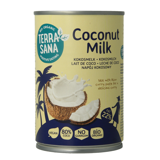 Organic TerraSana Kokosmelk 22% vet in a 400ml carton, showcasing a can of coconut milk for cooking and baking.