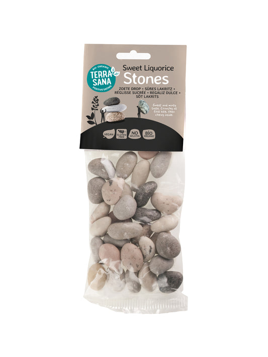 TerraSana zoete drop stones bio, 100g, colorful chewy candies in clear packaging with TerraSana branding.