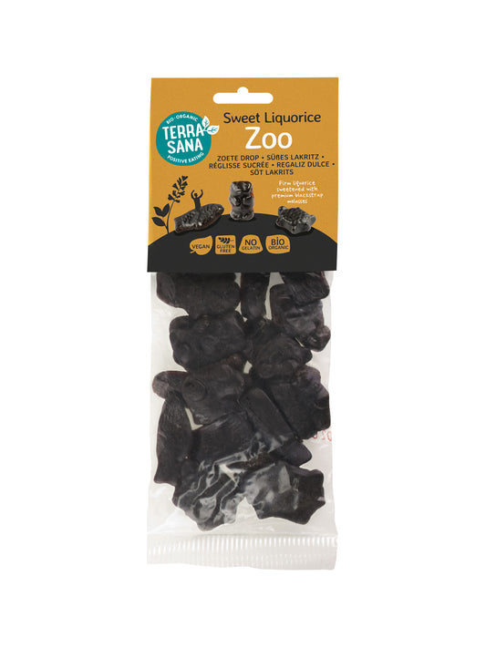 TerraSana Zoete Drop Zoo bio snoepgoed in 100g package, colorful candy with playful animal shapes, natural ingredients.