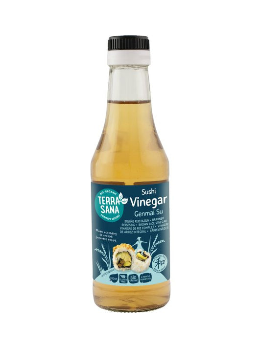 TerraSana ongezoete biologische sushi azijn in 250ml bottle, used as a sauce or flavoring for Japanese dishes.