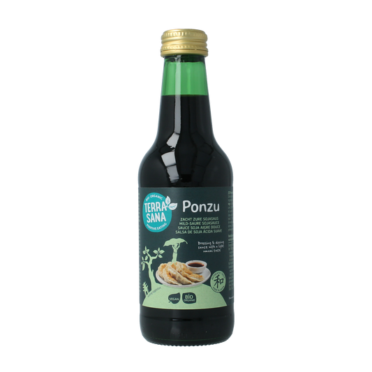 TerraSana Ponzu organic sauce bottle, 250ml, with label showing Japanese citrus and soy ingredients, in a clear glass bottle