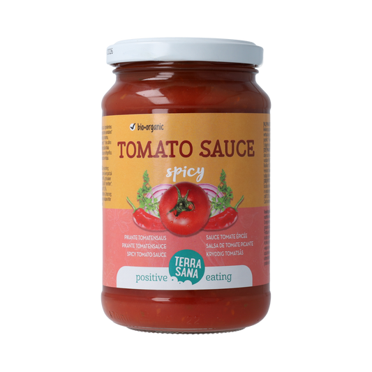 TerraSana organic spicy tomato sauce in a 340g jar, with fresh tomatoes and herbs visible on the label.