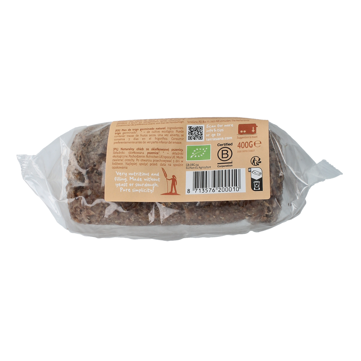 TerraSana organic whole wheat bread or crackers, 400g, featuring a natural, hearty loaf with a crust and slices visible.