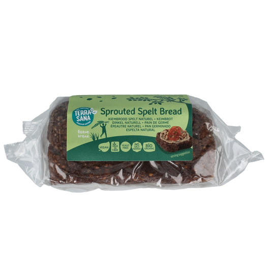 TerraSana Gekiemd speltbrood naturel bio, 400g, showing a loaf of organic spelt bread on a cutting board.