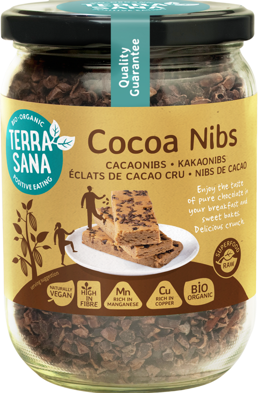 Terrasana raw cacao nibs in glass jar, bio, superfood, 230 grams, close-up of cacao nibs in clear glass container