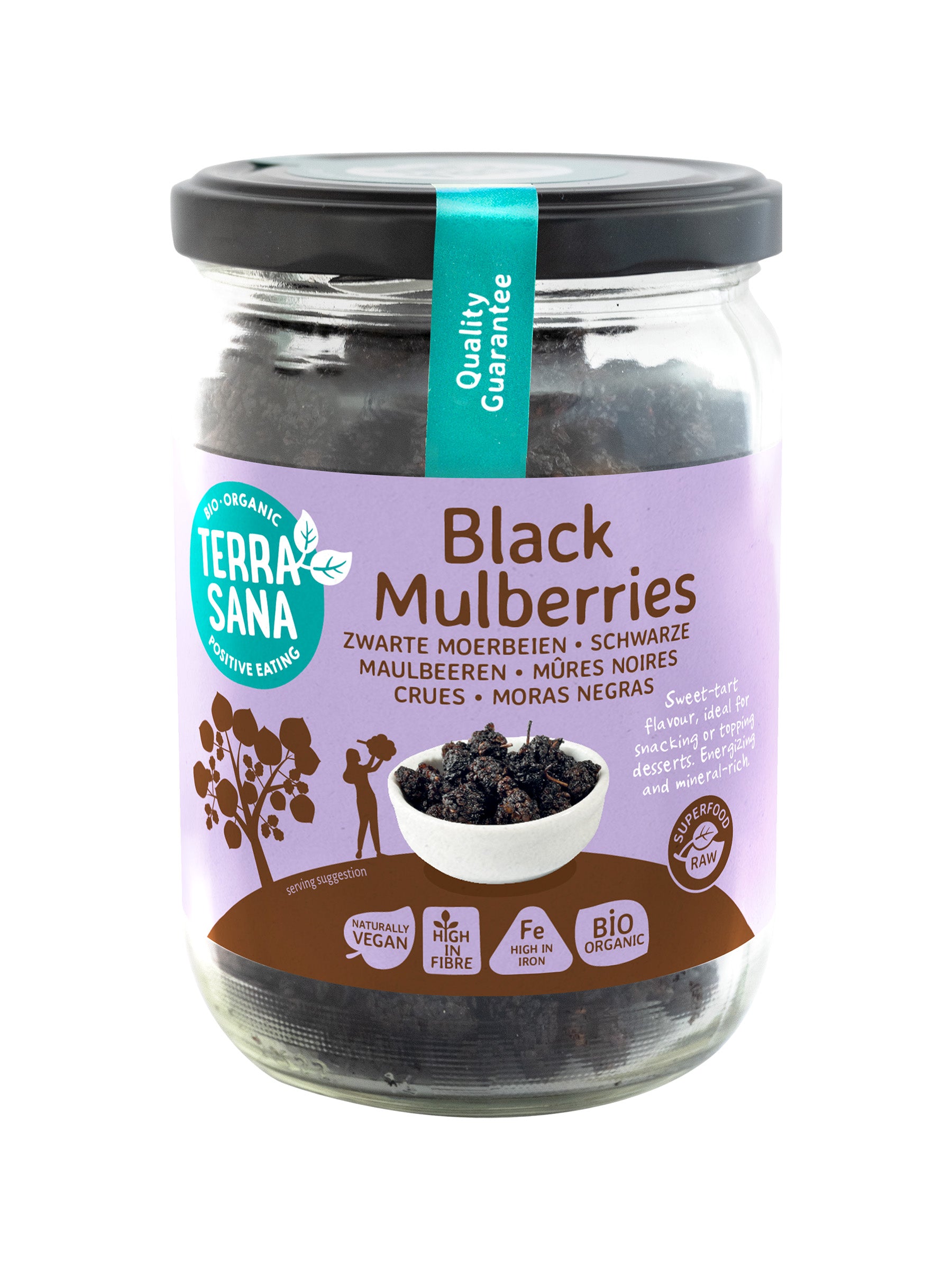 Organic black mulberries from TerraSana in a 190g package, raw superfood berries with natural dark purple color.