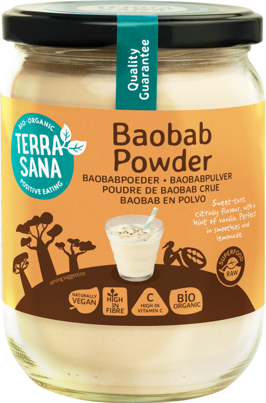TerraSana raw baobab powder in glass jar, organic superfood, 190 grams, with a close-up of the product label and jar.