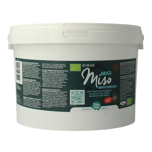 Organic TerraSana Mugi Miso Gerst in a 2.5kg jar, a natural Japanese fermented sauce and flavor enhancer.