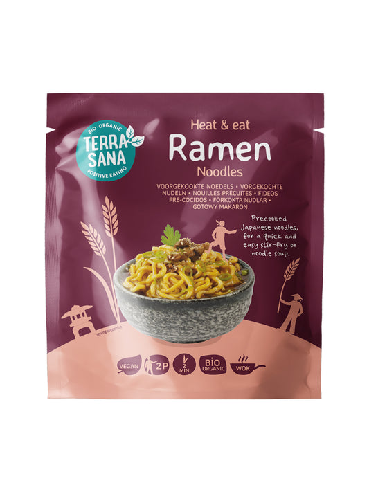 TerraSana Heat & Eat Ramen Bio pasta and rice bowl, 300 grams, showing the packaged product with branding and ingredients.