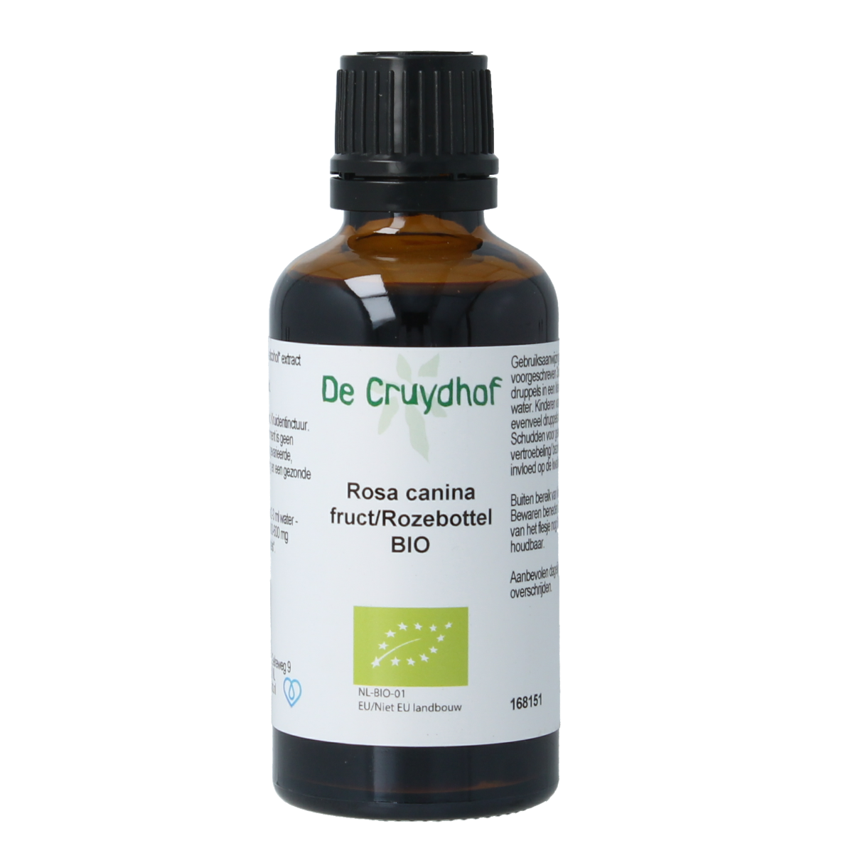 Cruydhof Rosa Canina rozebottel tinctuur in 50ml bottle, herbal supplement with rosehip extract, natural botanical remedy.
