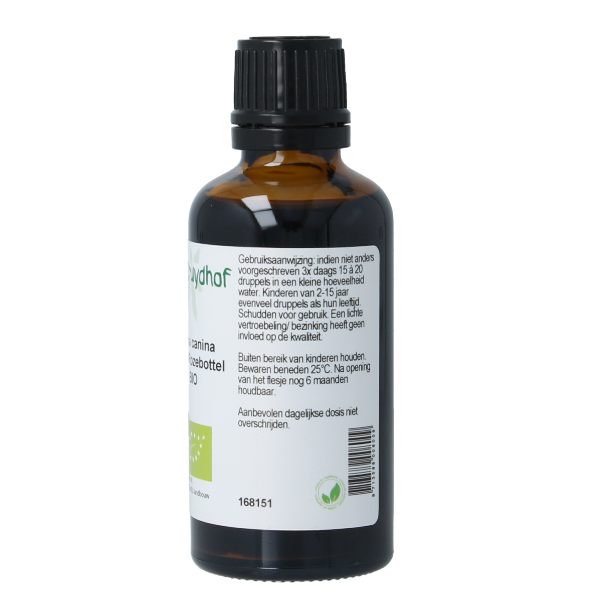 Cruydhof Rosa canina rozebottel tinctuur in 50ml bottle, herbal preparation with fresh rosehip berries for natural health.