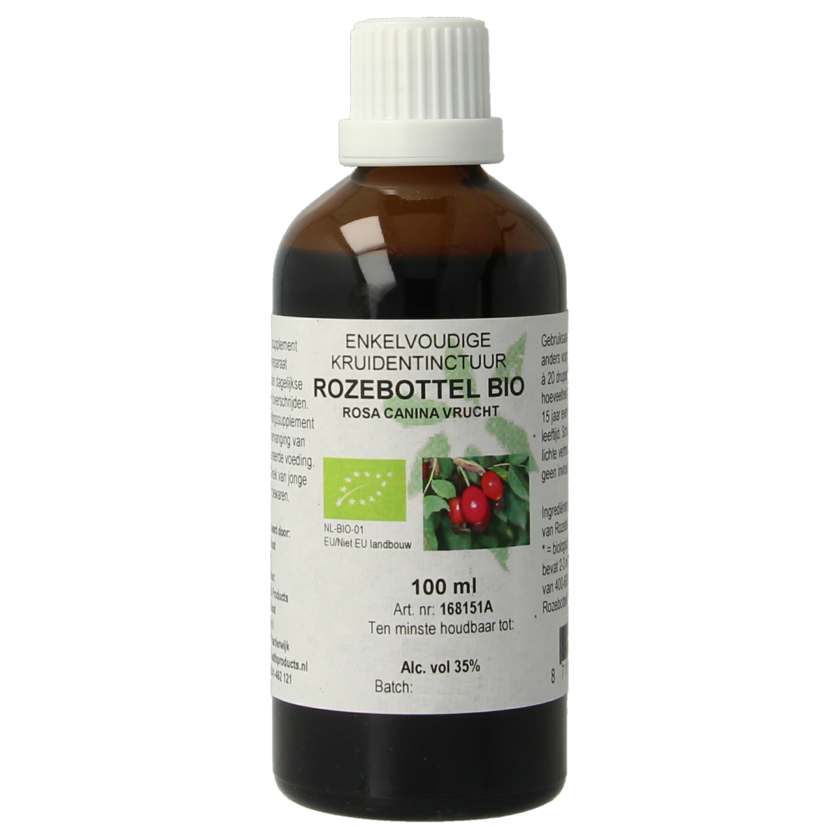 Cruydhof Rosa Canina rozebottel tinctuur bio in 100ml bottle, herbal supplement with rosehip extract, botanical product.