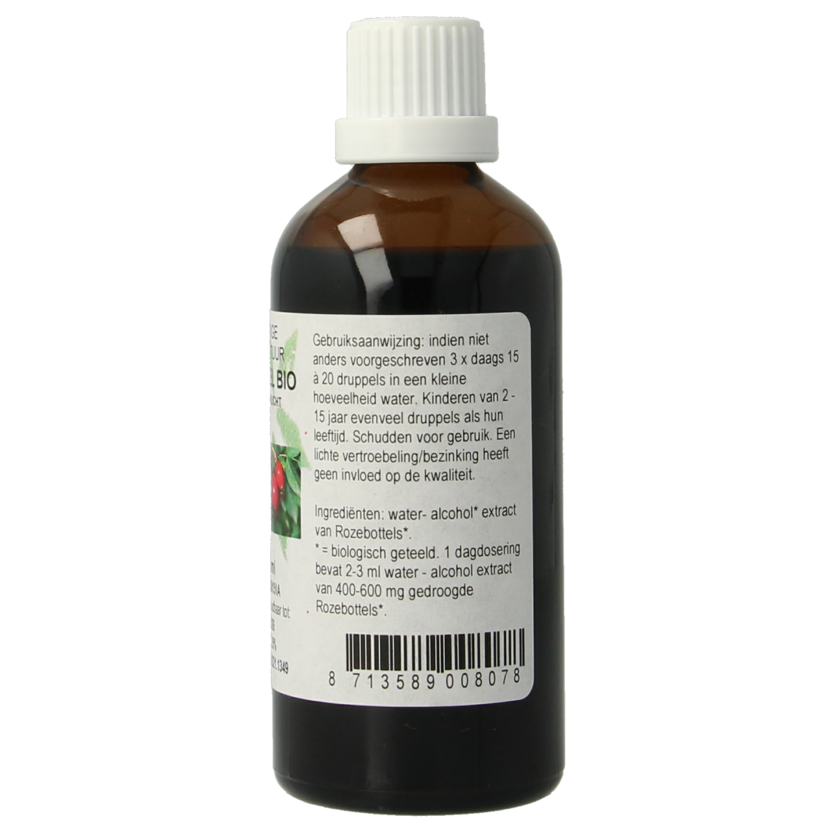 Cruydhof Rosa canina organic tincture in 100ml bottle, herbal supplement with rosehip extract, natural herbal product.