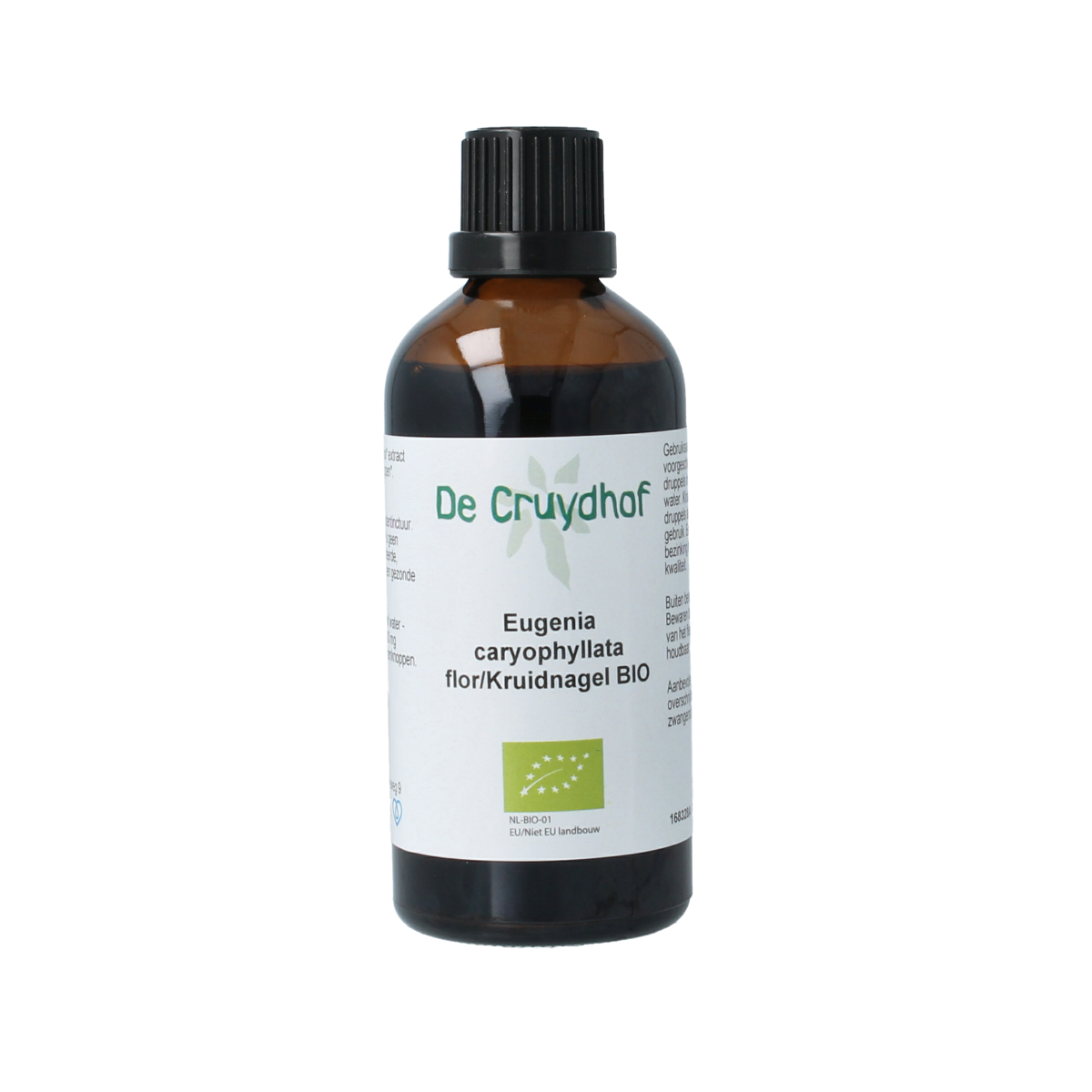 Cruydhof bio kruidnagel tinctuur in 100ml bottle, herbal supplement with dried kruidnagel cloves and label showing brand and ingredients