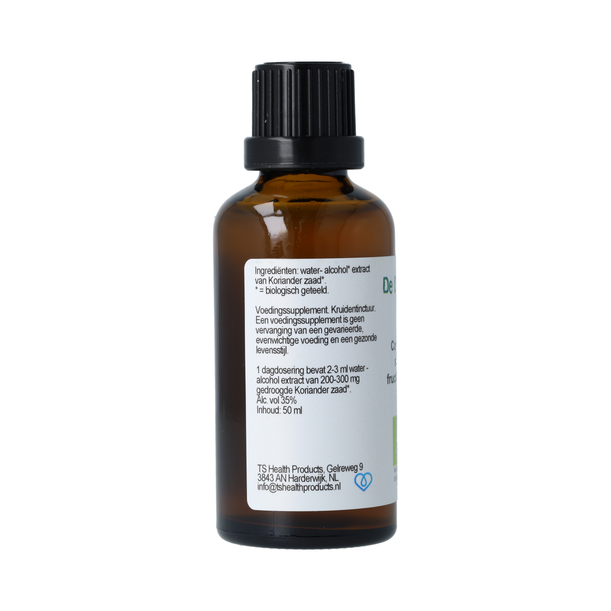 De Cruydhof Coriandrum sativum koriander tinctuur in 50ml bottle, herbal supplement with fresh green coriander leaves and bottle label