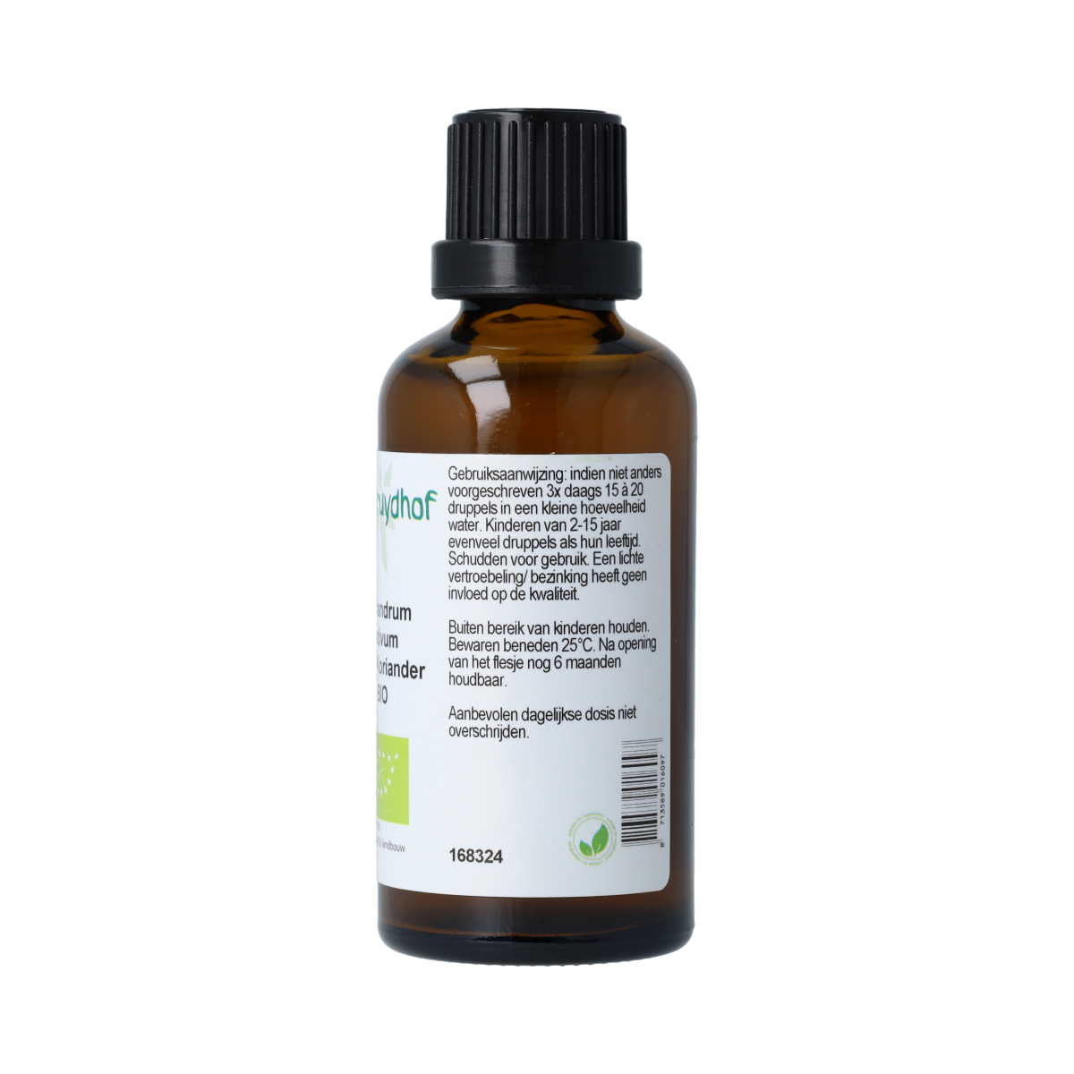 De Cruydhof bio koriander tinctuur in 50ml bottle, herbal supplement with fresh coriander plant appearance.