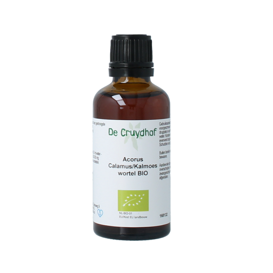 Cruydhof bio Acorus calamus tinctuur in 50ml bottle, herbal supplement with kalmoeswortel root for natural health.