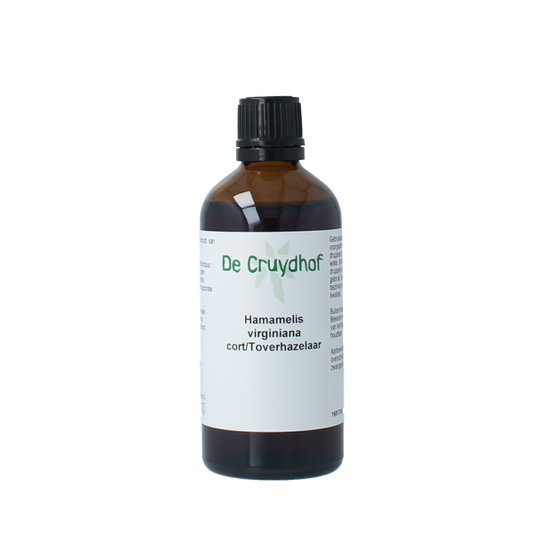 Cruydhof Hamamelis virginiana cort tinctuur in a 100ml bottle, herbal preparation with herbal extract visible in the image.