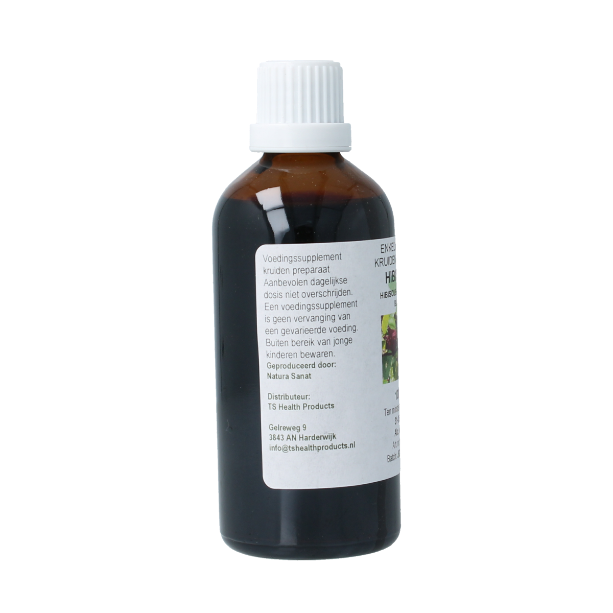 Cruydhof Hibiscus sabdariffa flower tincture in a 100ml bottle, herbal preparation with vibrant red hibiscus flowers and label.