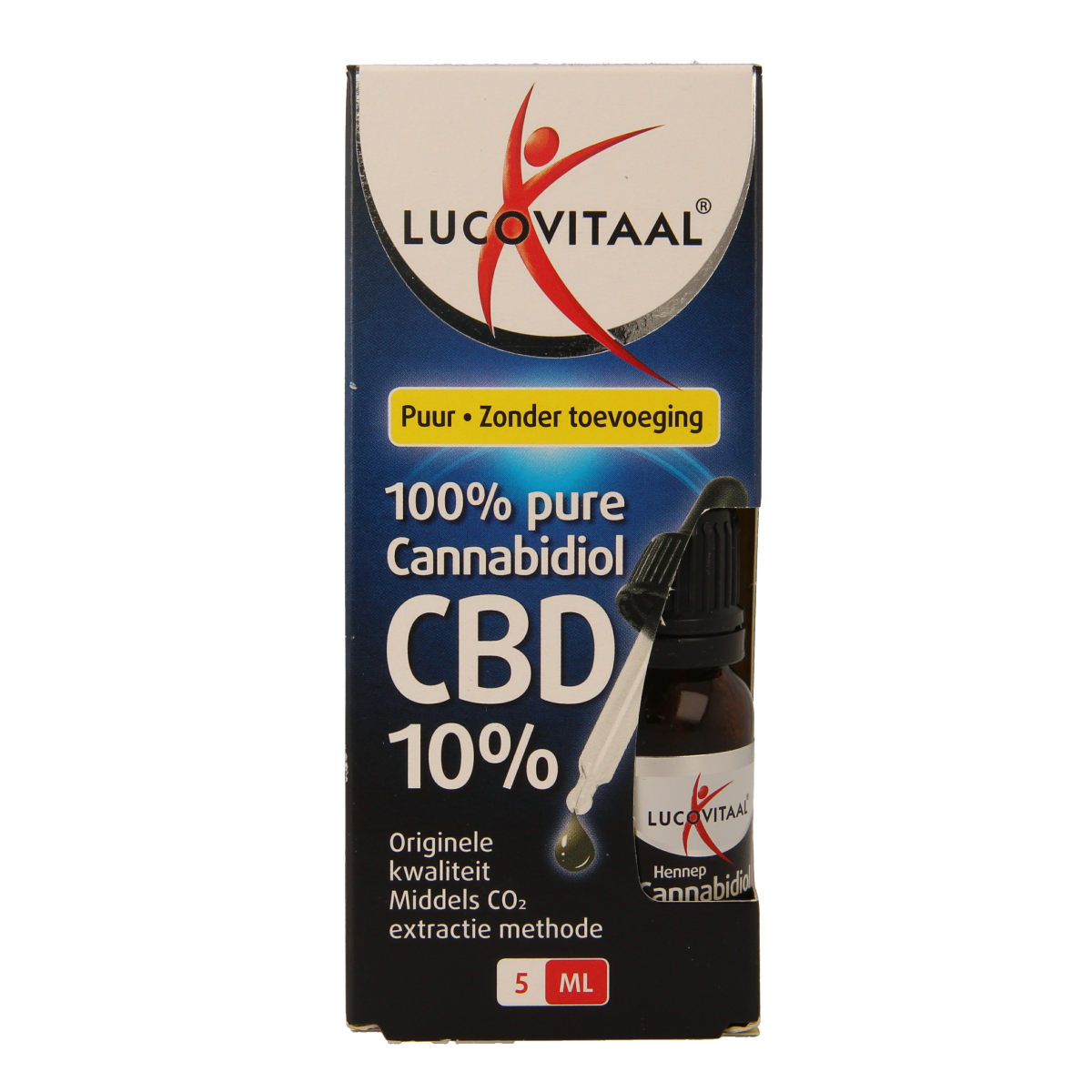 Lucovitaal CBD olie 10% herbal supplement in 5ml bottle, featuring dropper for easy use and CBD extract from herbs.