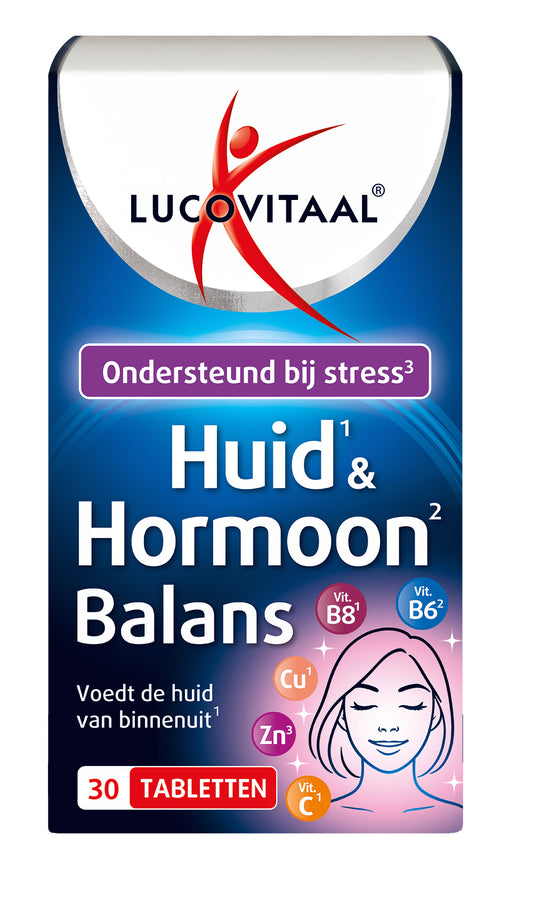 Lucovitaal Huid & Hormoon Balans dietary supplement box with 30 tablets, featuring natural ingredients for skin and hormone support