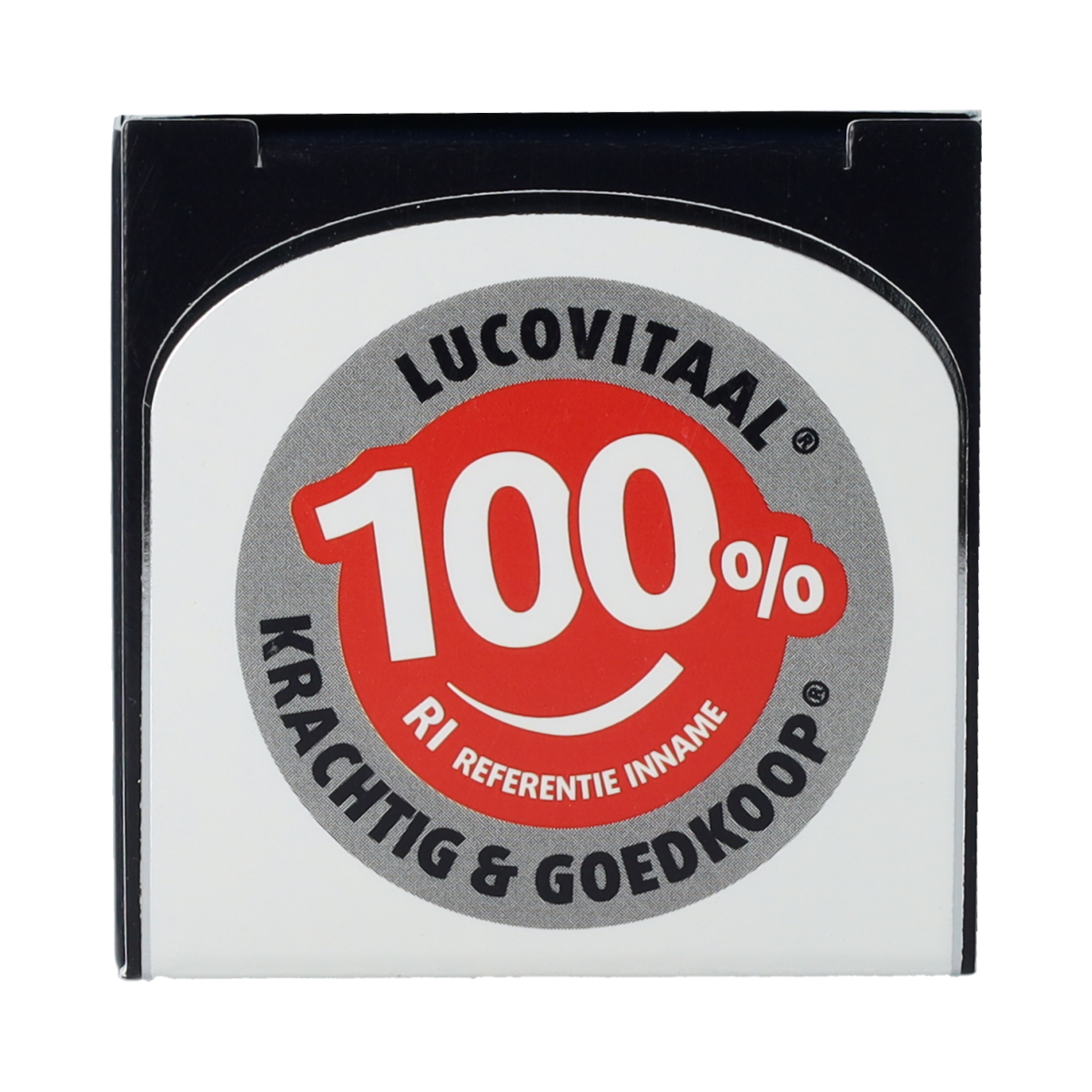 Lucovitaal IJzer Bisglycinaat mineral supplement, 120 tablets, close-up of the bottle with label and tablets inside.