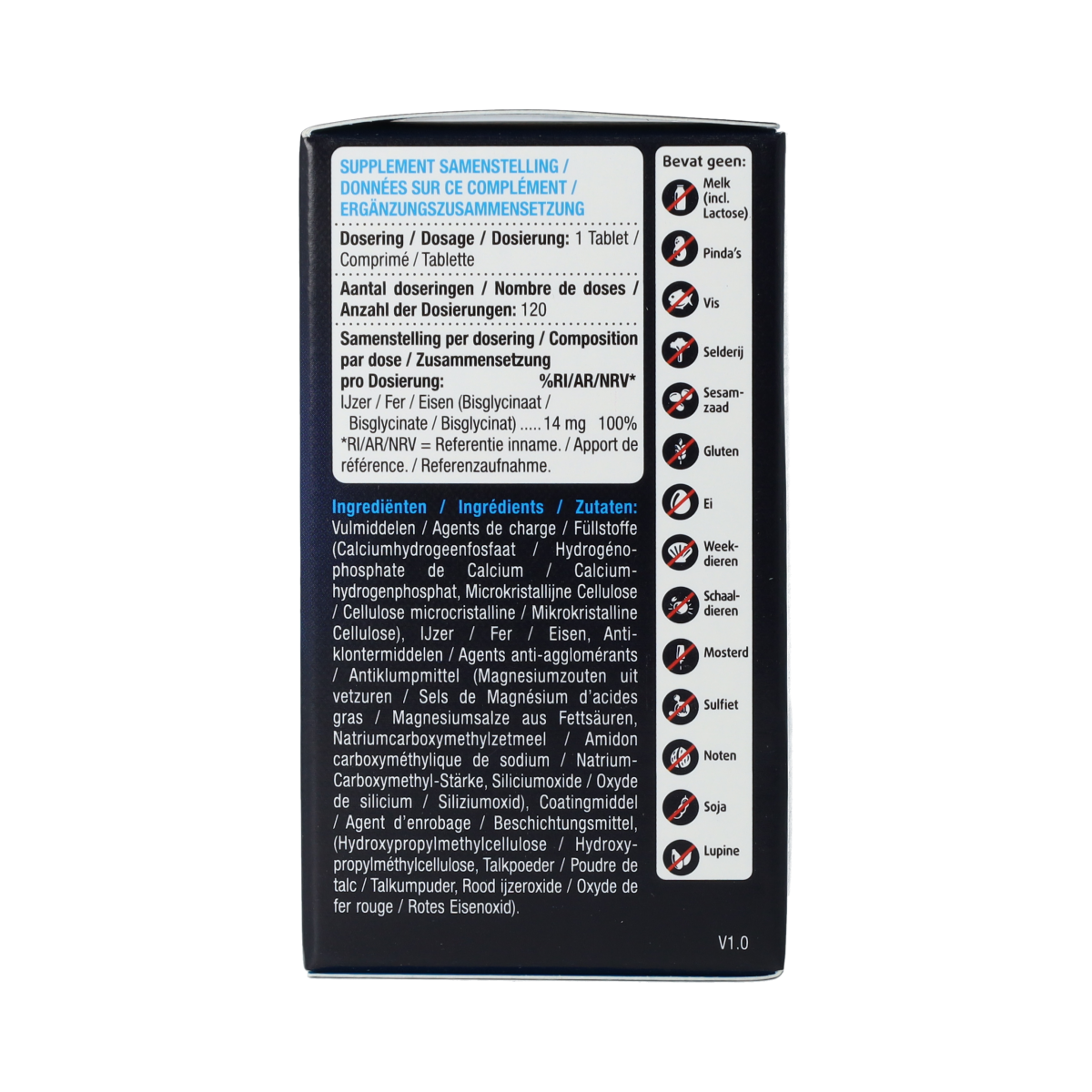 Lucovitaal IJzer Bisglycinaat mineral supplement, 120 tablets, close-up of the white bottle with label and tablets inside.