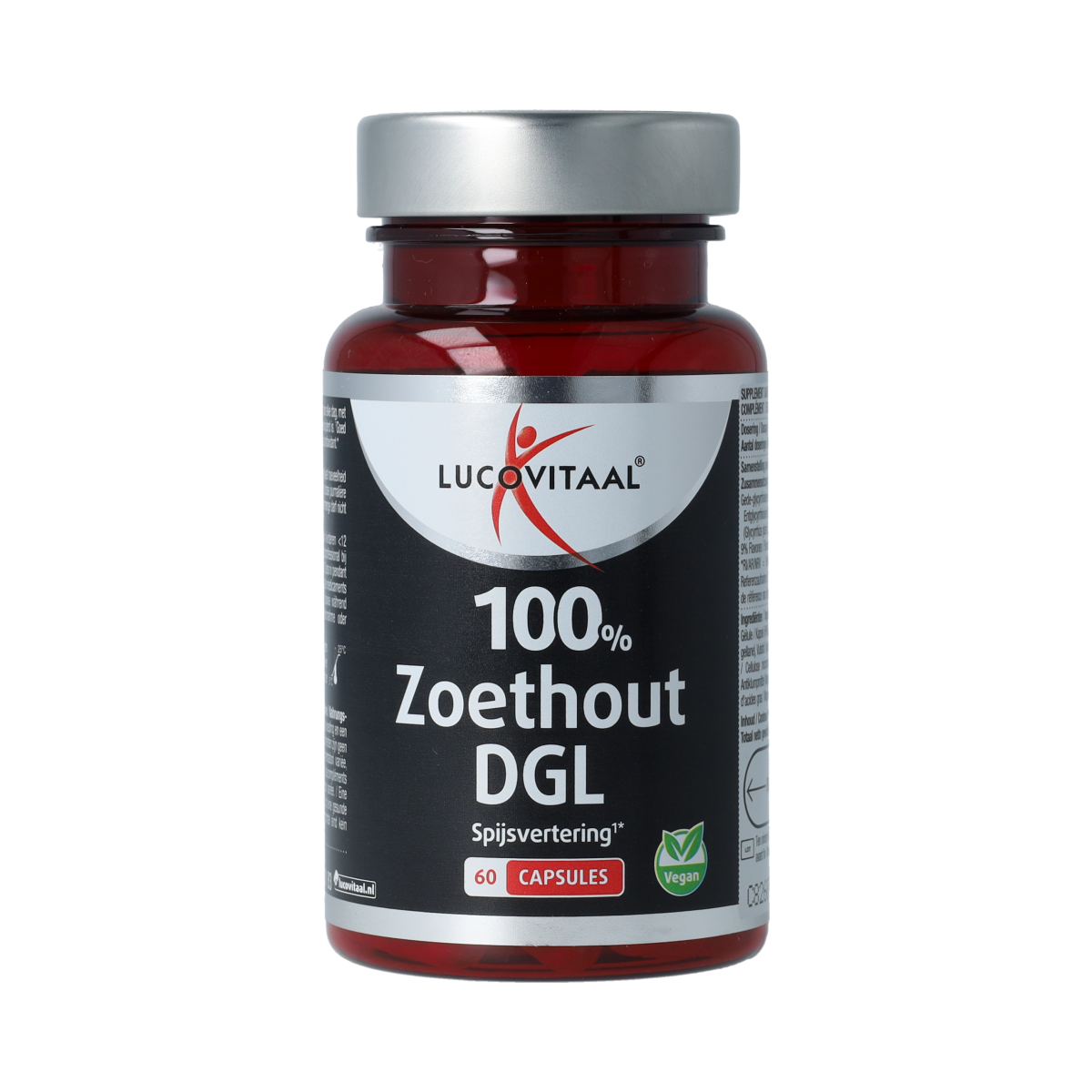 Box of Lucovitaal Zoethout DGL herbal supplement capsules, showing 60 capsules in a clear container with label.
