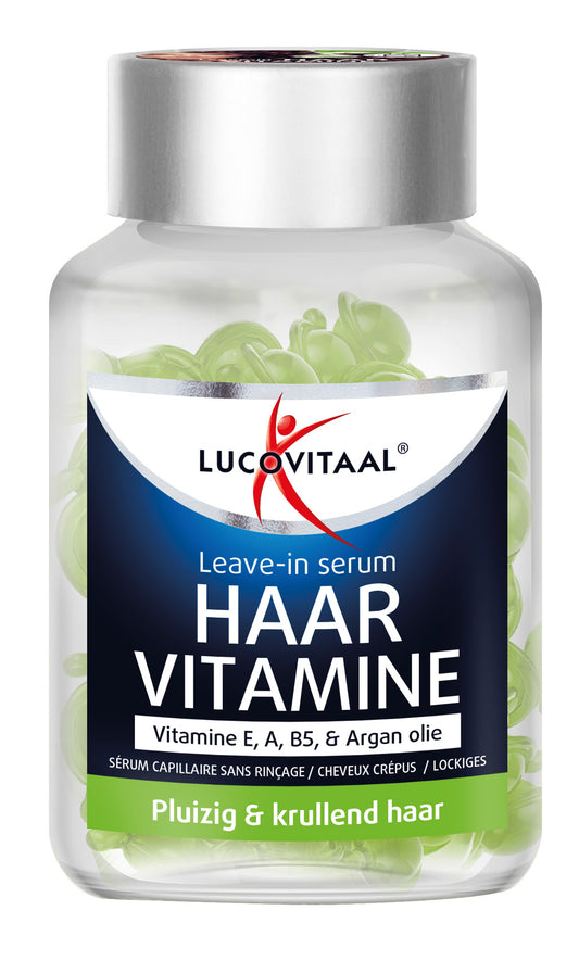 Lucovitaal Haar vitamine capsules for frizzy and curly hair, showing a bottle of 25 capsules on a white background.