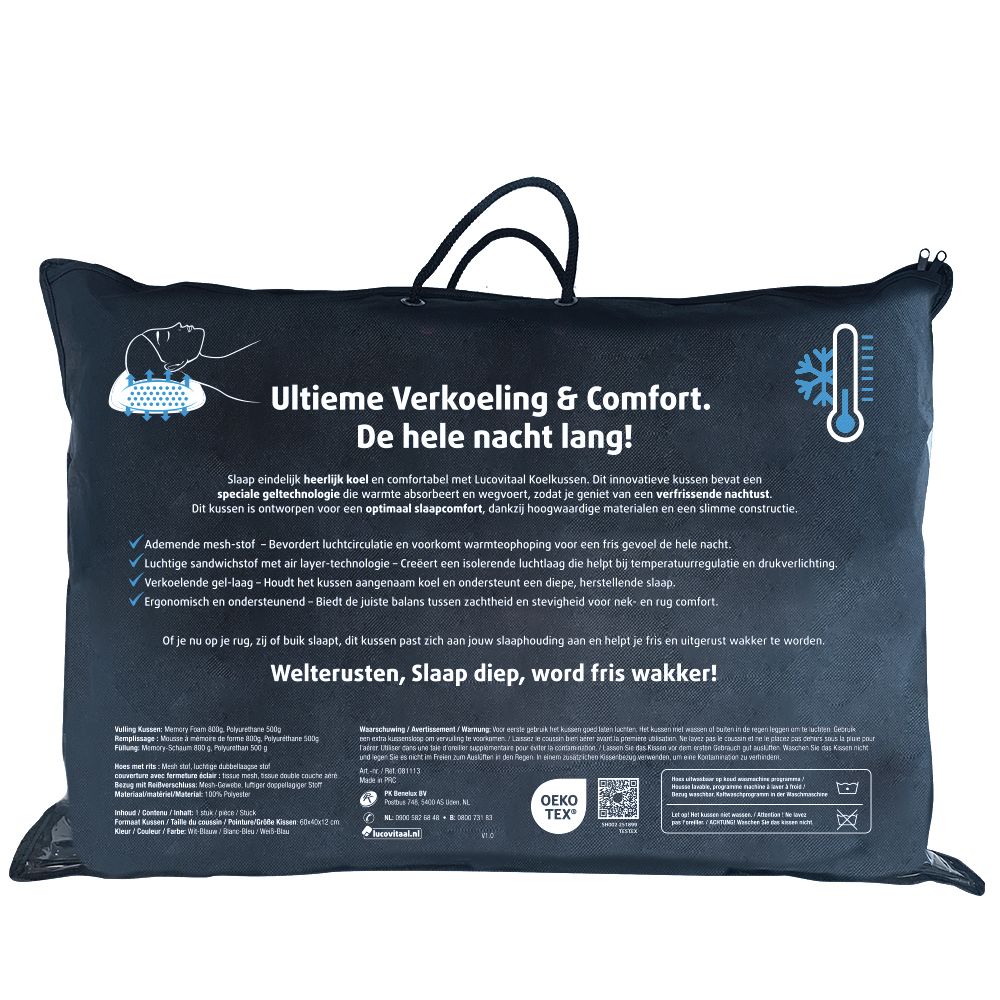 Orthopedic cooling pillow by Lucovitaal, 1 piece, showing supportive design and soft fabric for comfortable sleep.