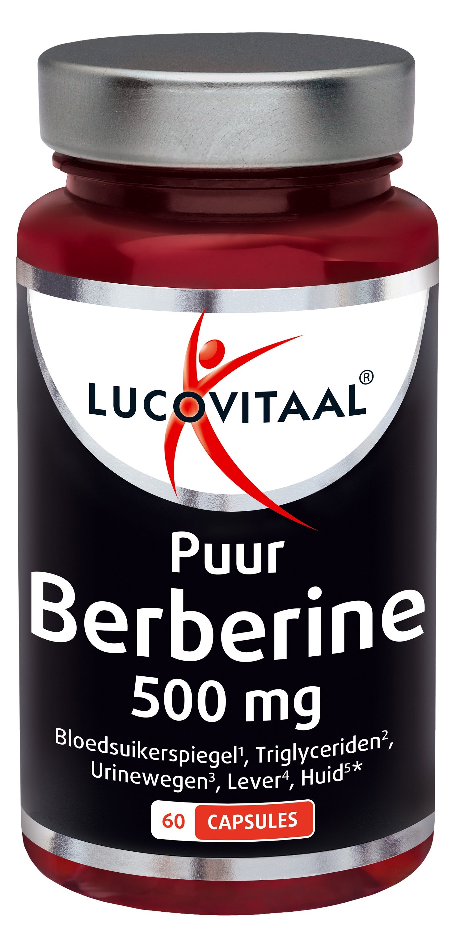 Lucovitaal Berberine 500mg herbal capsules in a bottle, used as a natural supplement for wellness.